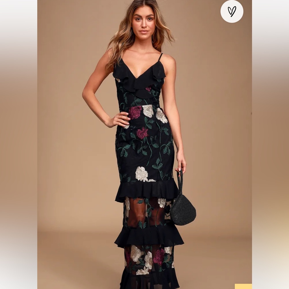 Lulu’s True to Heart Black Floral Embroidered Maxi Dress.